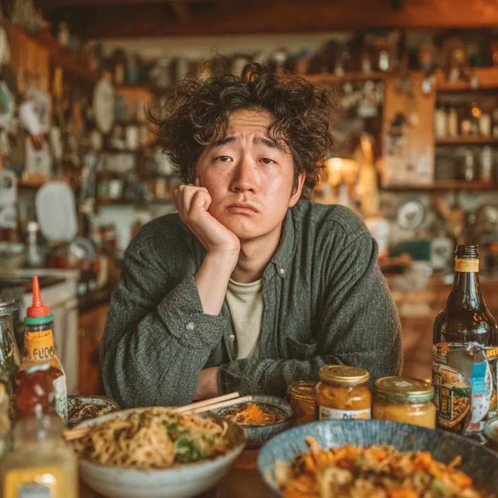 A young man with curly hair rests his chin on his hand, looking melancholic.  He sits at a cluttered kitchen table, surrounded by bowls of noodles and various jars of condiments. The background is filled with shelves overflowing with miscellaneous items, creating a cluttered and slightly chaotic atmosphere. His expression conveys a sense of weariness or disappointment.