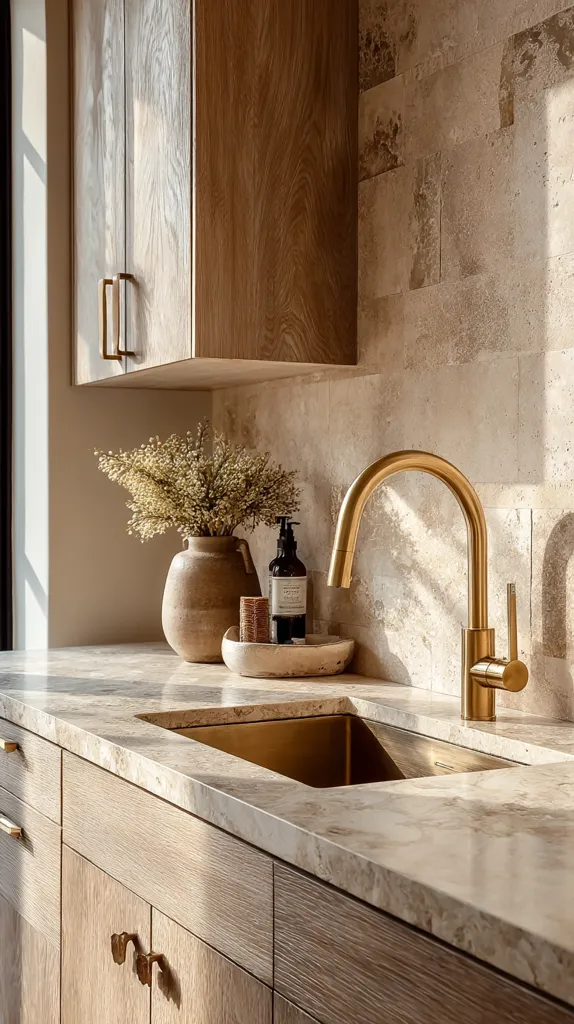 A sunlit kitchen boasts a light beige marble countertop and wooden cabinets. A gold faucet stands above a matching gold sink.  A beige vase filled with dried flowers and small decorative items sit on the counter, adding to the warm and minimalist aesthetic. The backsplash is composed of light beige tiles.  The overall feel is one of calm sophistication.