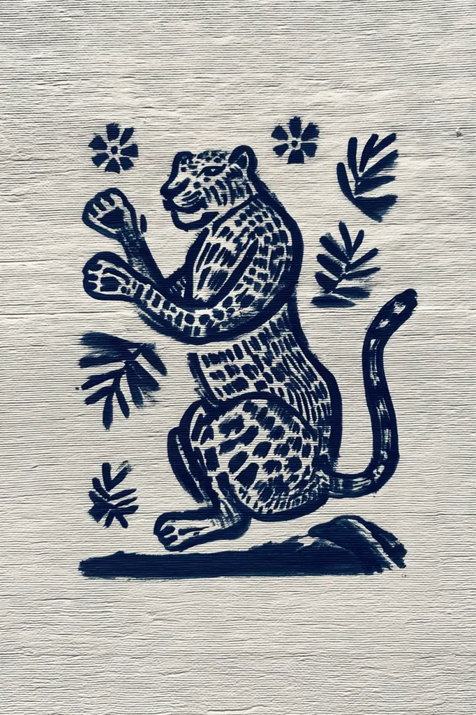 A stylized indigo-blue jaguar is depicted in a folk art style against an off-white textured background.  The jaguar is rendered in a bold, blocky manner, with simple lines suggesting its spotted fur.  Surrounding the jaguar are small floral and leaf motifs, adding to the overall decorative aesthetic. The image has a naive, almost childlike quality.