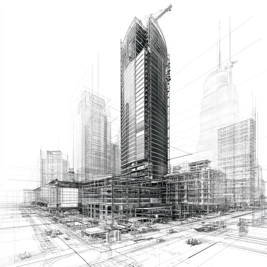 A grayscale architectural rendering depicts a modern cityscape under construction.  A prominent, curved skyscraper dominates the center, its steel frame partially visible, surrounded by other buildings in various stages of completion.  The image suggests a dynamic urban development, with intricate lines representing the structural framework and city streets.  The overall style is reminiscent of a detailed blueprint or 3D model.