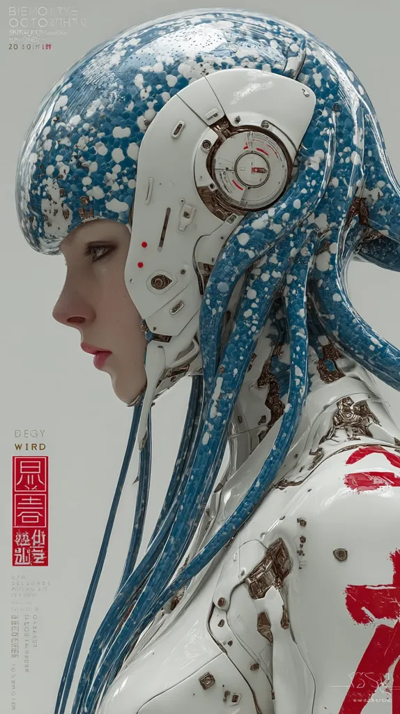 A profile view of a female cyborg's head and shoulders.  Her helmet is a speckled blue and white, with visible mechanical components.  Long, flowing blue cables extend from the helmet, cascading down her body, which is partially clad in white robotic armor.  The image has a futuristic, almost ethereal quality, and features stylized text in both English and Asian characters.