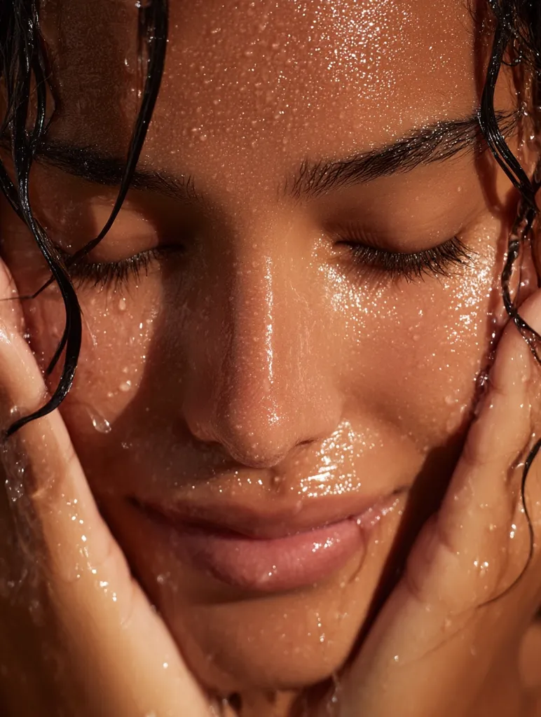 Close-up of a woman's face, glistening with water droplets.  Her eyes are closed, and her hands gently caress her cheeks.  The image emphasizes the dewy, healthy look of her skin and dark, wet hair.  The lighting is soft and warm, creating a serene and sensual mood.