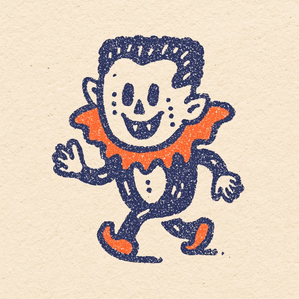 A charming cartoon vampire, rendered in a vintage style, strides playfully.  Its dark blue body is textured, giving a hand-drawn feel.  The vampire sports an orange collar and shoes, adding a pop of color.  Its friendly face and waving hand create a whimsical, Halloween-themed image. The overall aesthetic suggests a retro or nostalgic design.