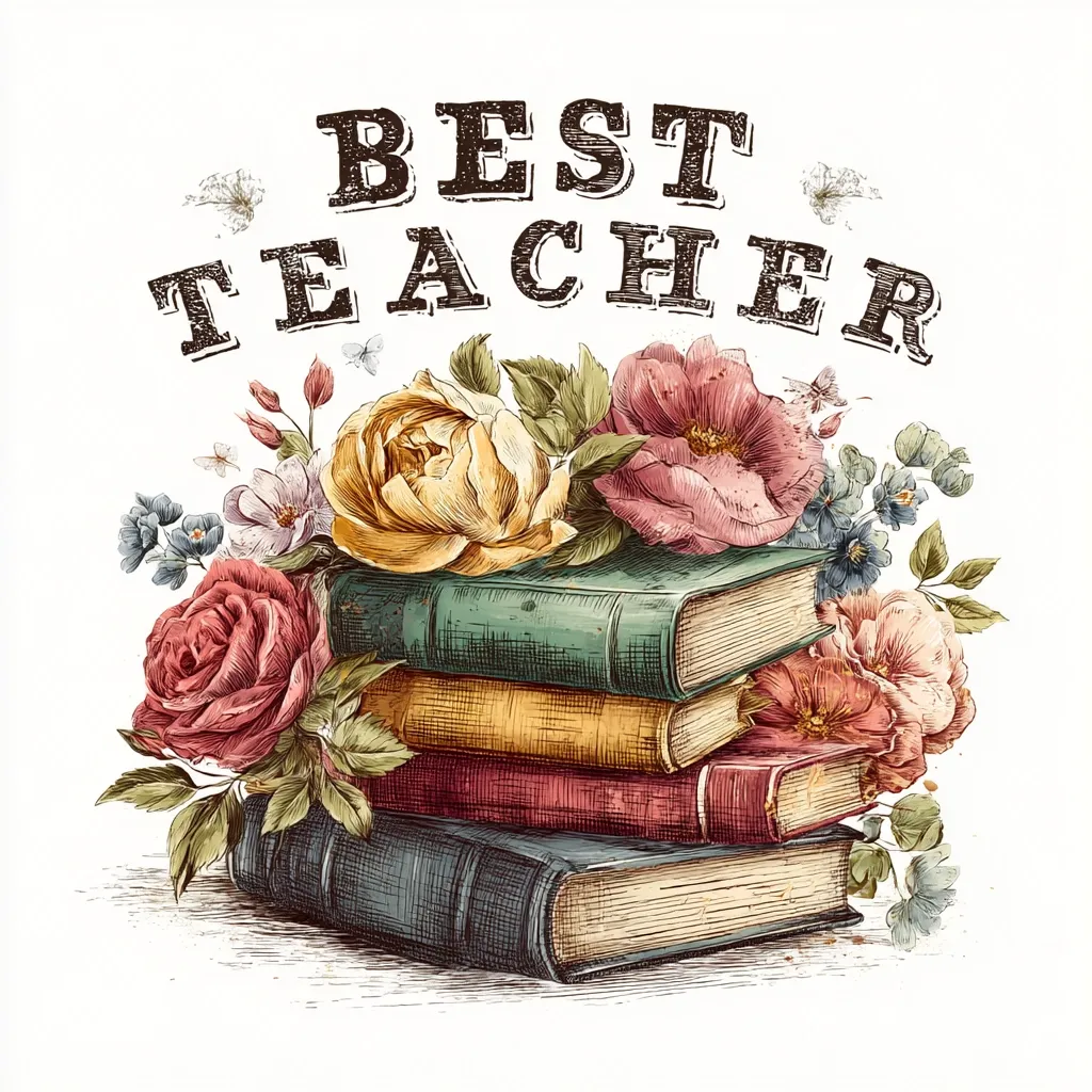 A charming illustration celebrates the "Best Teacher" with a vintage aesthetic.  A stack of old books, adorned with a vibrant bouquet of roses and other wildflowers, sits at the center.  The words "BEST TEACHER" are prominently displayed above, in a classic serif font. The image evokes a feeling of appreciation and gratitude, perfect for a teacher appreciation card or gift.
