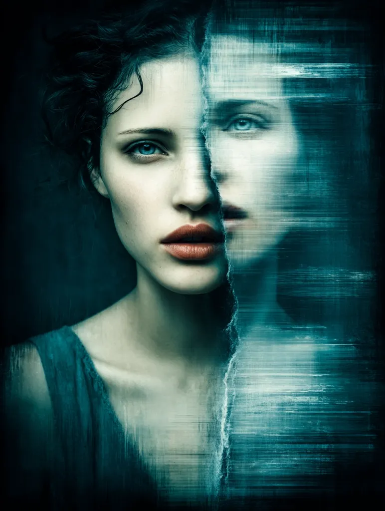 A captivating portrait showcases a woman's face, bisected by a vertical line.  One half reveals a clear, detailed visage with dark, expressive eyes and red lips, while the other half is a blurry, ethereal image, suggesting a duality or hidden aspect. The teal and dark green tones create a moody, mysterious atmosphere. The overall effect is haunting and intriguing, hinting at hidden depths and inner conflict.