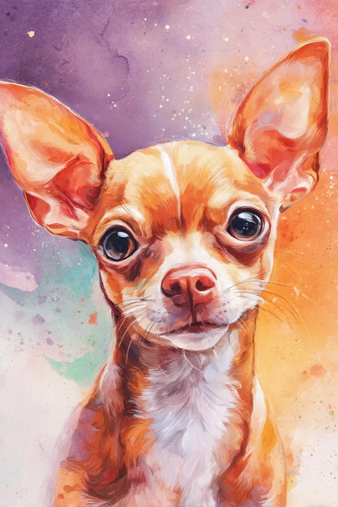 A vibrant watercolor painting showcases a charming Chihuahua.  Its coat is a blend of light and dark reddish-brown, highlighted with white fur on its chest.  Large, expressive eyes and erect ears contribute to its endearing expression. The background features soft, abstract watercolor washes of purple, orange, and teal, creating a dreamy atmosphere. The style is painterly and expressive, emphasizing the dog's personality.