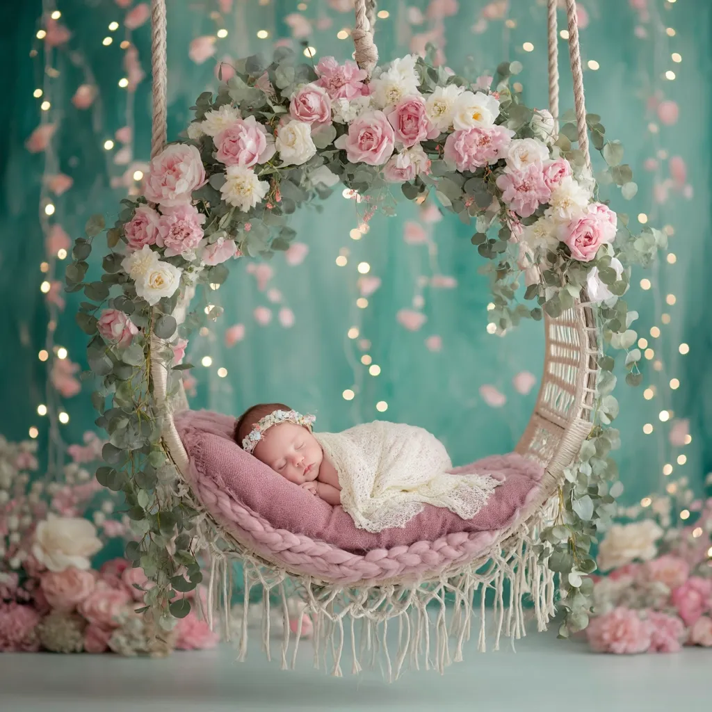 A newborn baby girl peacefully sleeps in a flower-adorned swing.  The swing, crafted from woven material with long tassels, is decorated with pink and white roses, eucalyptus, and other greenery.  Fairy lights twinkle in the background, creating a soft, ethereal atmosphere. The baby wears a delicate headband and is wrapped in a crocheted blanket. The overall scene is dreamy and romantic, perfect for a newborn photoshoot.