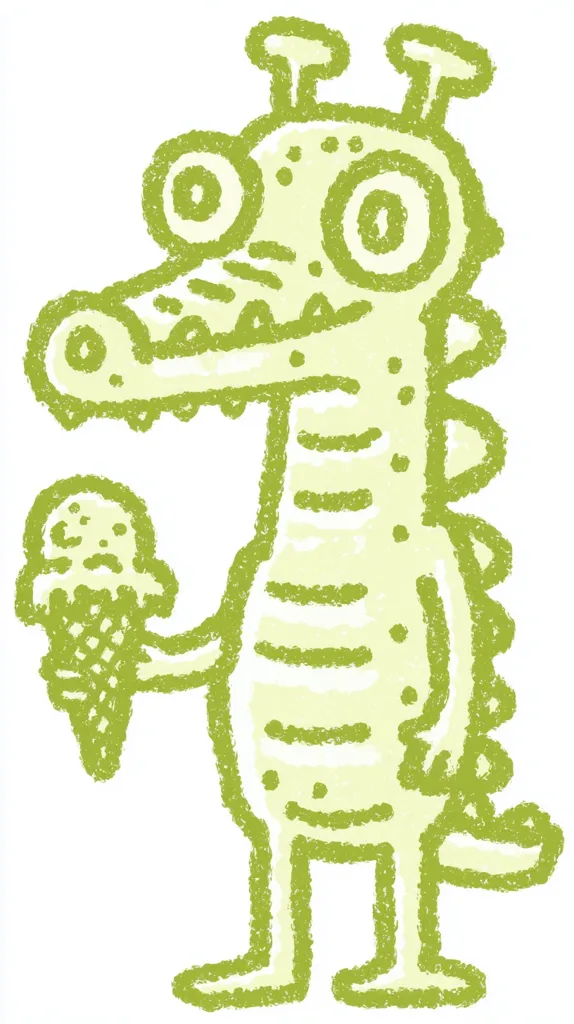 A whimsical, crayon-like drawing depicts a light green creature resembling a crocodile with antenna-like protrusions on its head.  Large, round eyes and a textured body characterize the friendly monster.  It holds an ice cream cone in one hand, suggesting a playful and sweet disposition. The overall style is childlike and charming.