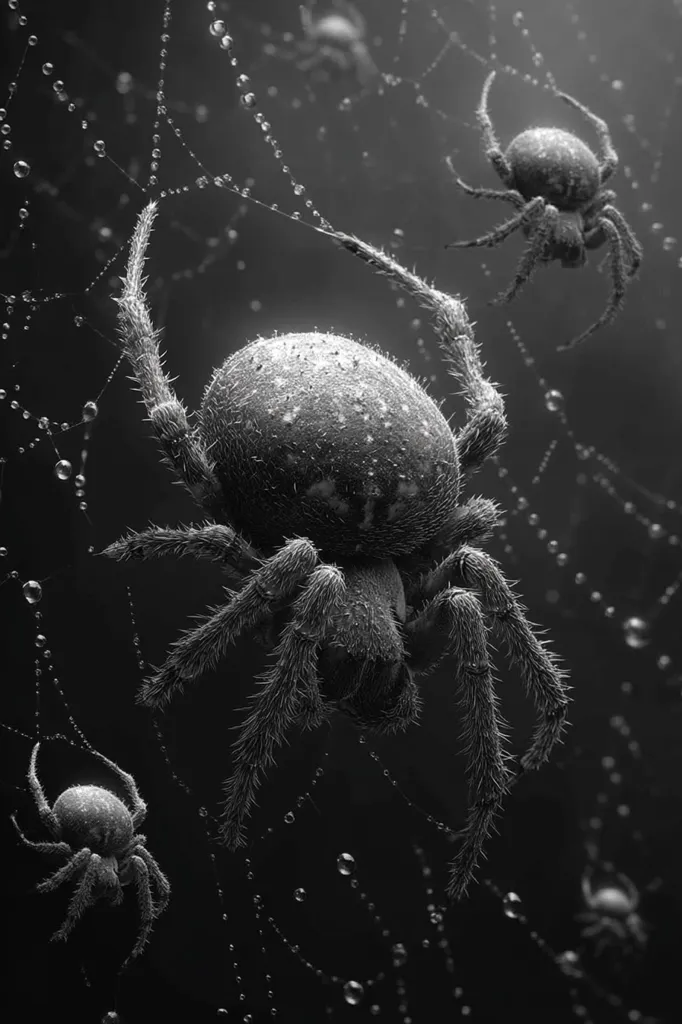 A monochrome close-up captures three spiders on a dew-laden web.  The central spider is significantly larger, its hairy legs and body prominently featured. Smaller spiders are visible in the background and foreground, emphasizing the intricate web structure and the glistening water droplets. The dark background enhances the contrast, creating a dramatic and detailed image.