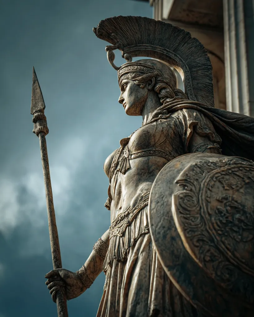 A majestic statue of a female warrior, possibly Athena, stands tall against a dramatic sky.  Clad in ornate armor and helmet, she holds a spear and shield, embodying strength and courage. The intricate details of her attire and weaponry are highlighted by the contrast of light and shadow, creating a powerful and evocative image. The statue's pose suggests vigilance and readiness for battle.