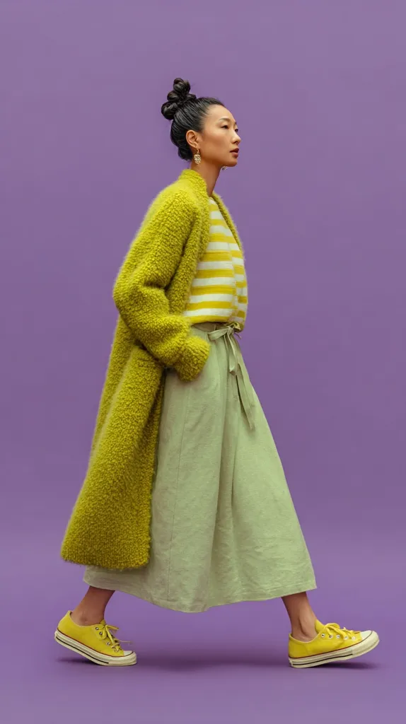 A stylish woman strides against a purple backdrop. She's dressed in a vibrant lime green fuzzy coat, a yellow and white striped sweater, and a pale green midi skirt. Her outfit is complemented by yellow Converse sneakers and gold earrings. Her dark hair is styled in a high bun.  The overall aesthetic is one of casual chic.
