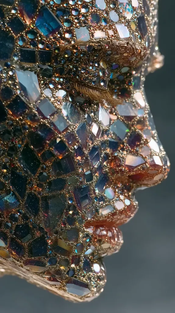 A close-up profile view of a face adorned with a mosaic of iridescent, jewel-toned pieces.  The texture is intricate, with varying shapes and sizes of gems creating a shimmering, almost otherworldly effect.  Gold accents highlight the embedded jewels, adding depth and richness to the overall composition. The face is serene, with eyes gently closed.