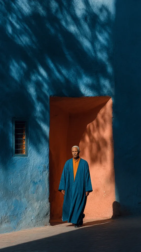 A man in a teal djellaba walks through an archway. The archway separates a deep blue wall from a peach-colored wall.  The blue wall is textured and shows shadows cast by foliage. The scene is bathed in sunlight, creating strong contrasts and highlighting the man's figure. The overall atmosphere is serene and evocative of a North African setting.