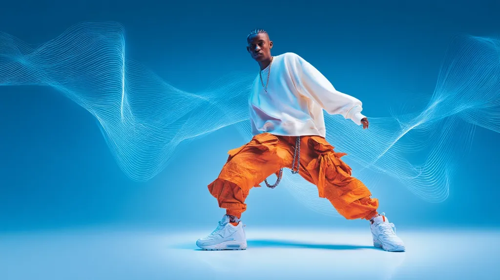 A young Black man in a stylish pose is captured against a vibrant blue backdrop. He's dressed in an off-white sweatshirt and vibrant orange cargo pants, complemented by white sneakers. A delicate, light-blue, wave-like design adds a futuristic touch to the image, enhancing the dynamic energy of the pose. The overall aesthetic is modern and fashion-forward, showcasing a blend of streetwear and contemporary art.