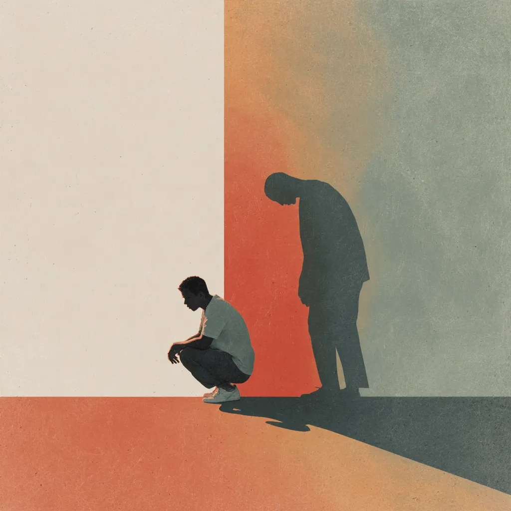 An illustration depicts a young man crouching, his head bowed, beside a larger, slumped figure cast as a shadow against a wall.  The wall is divided into sections of light beige, burnt orange, and muted green, symbolizing a division or contrast.  The image suggests themes of depression, burdens, or the weight of expectations, with the shadow representing a potential future self. The overall tone is somber and introspective.