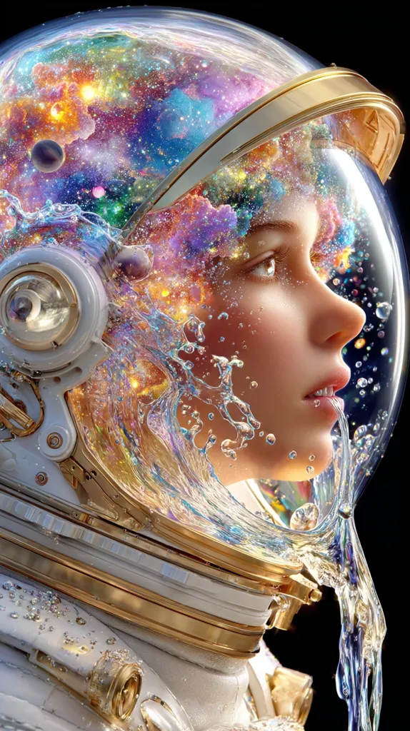 A digital art piece depicts a woman's face inside an astronaut helmet.  The helmet's visor reveals a vibrant, cosmic nebula swirling within, interspersed with water droplets cascading down. The woman's serene expression contrasts with the energetic universe surrounding her, creating a surreal and dreamlike image.  Gold accents on the helmet add a touch of luxury to the otherworldly scene.