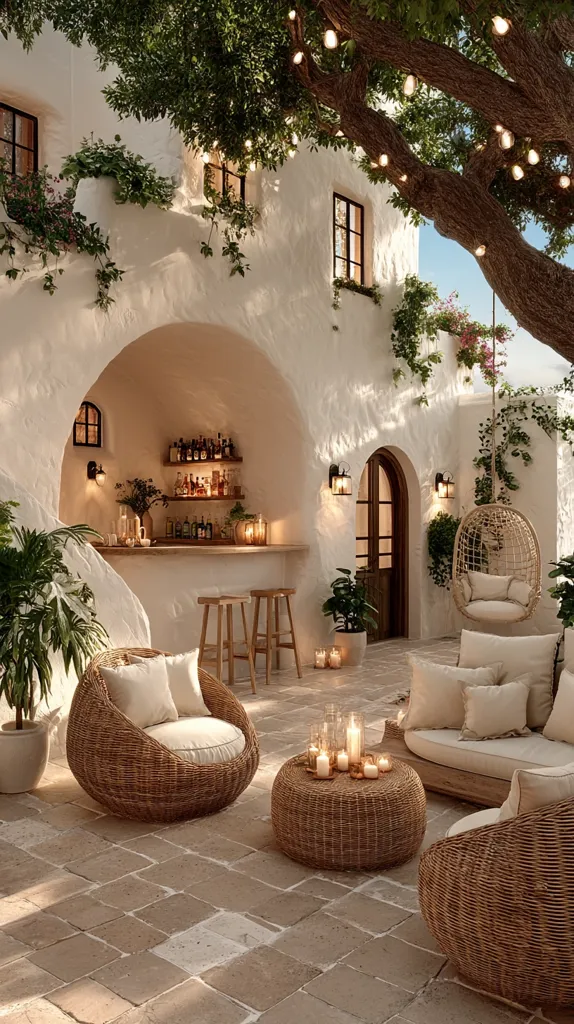 A serene outdoor patio, nestled beneath a sprawling tree adorned with string lights, features a charming whitewashed building.  Rattan furniture, including a comfortable armchair and a sectional sofa, creates a relaxed ambiance.  A built-in bar adds a touch of sophistication, while candles scattered on a woven coffee table contribute to the warm, inviting atmosphere. The overall style is effortlessly chic and Mediterranean-inspired.