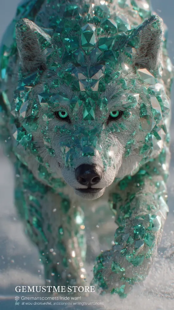 A majestic wolf, seemingly composed of shimmering teal gemstones, strides through a snowy landscape.  Its piercing green eyes and crystalline fur create a surreal and captivating image. The wolf's powerful presence commands attention, its form both ethereal and fierce. The overall effect is one of magical realism, blurring the line between nature and fantasy.