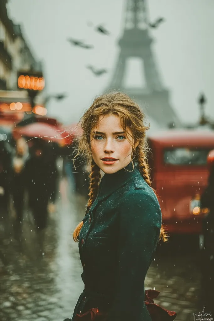 A young woman with auburn hair braided down her back stands on a Parisian street in the rain.  She wears a dark green coat, and the Eiffel Tower is blurred in the background.  Rain falls, creating a romantic, melancholic atmosphere.  Birds fly overhead, adding to the scene's charm. The image evokes a sense of wistful beauty and Parisian ambiance.
