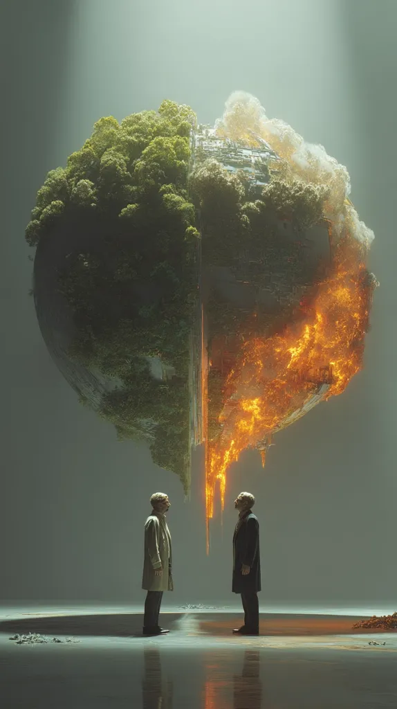 Two men in coats stand facing each other, observing a large, spherical object suspended in mid-air.  One half of the sphere is lush and green, while the other is consumed by fiery orange destruction.  A stark contrast between life and annihilation hangs between the two figures in a desolate, reflective environment. The scene evokes a sense of impending doom or profound change.
