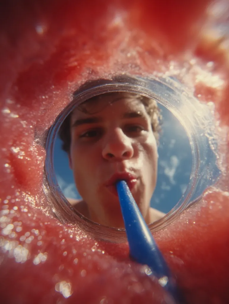 A close-up, distorted perspective shows a person drinking a vibrant pink slushy through a blue straw.  The image is taken from inside the cup, creating a unique viewpoint. The slushy appears thick and icy, and the person's face is partially visible, focused on the act of drinking.  The background is a bright, sunny sky.