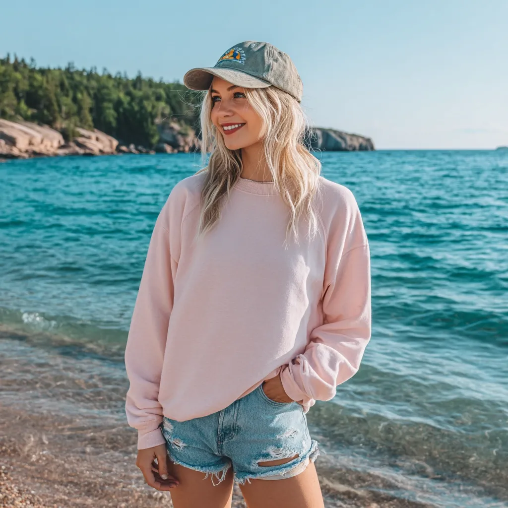 A blonde woman smiles, gazing towards a tranquil ocean.  She wears a pale pink sweatshirt, distressed denim shorts, and a green baseball cap. The backdrop showcases a scenic shoreline with rocky outcrops and lush greenery under a clear blue sky. The overall vibe is relaxed and summery.
