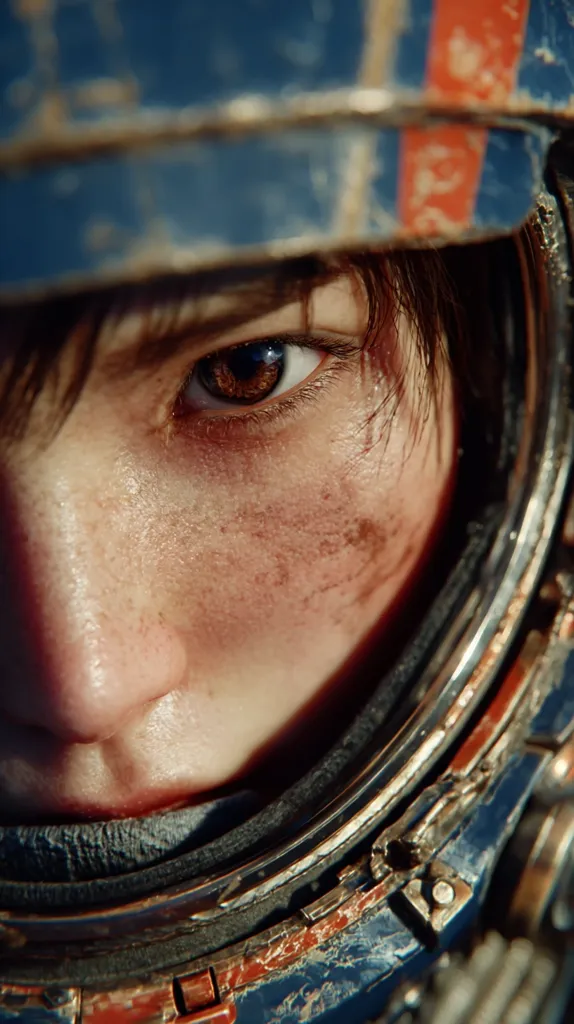 A close-up shot reveals a person's eye, partially obscured by a weathered and damaged space helmet.  The individual's face is smudged with dirt, suggesting a harsh environment. The brown eye gazes directly at the viewer, conveying a sense of determination or weariness. The helmet's worn paint and metallic components add to the image's gritty, post-apocalyptic or space-faring aesthetic.