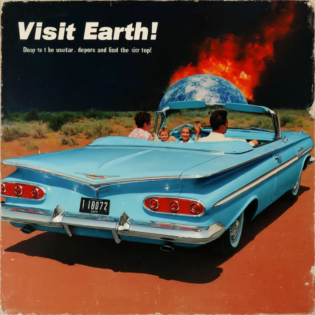 A vintage advertisement depicts a light blue convertible carrying a family of four across a desert landscape.  The Earth is visible in the background, engulfed in flames.  The playful text "Visit Earth!" and nonsensical accompanying phrase add a surreal, possibly dystopian, element.  The overall style is reminiscent of mid-20th-century Americana with a striking contrast of idyllic family life against an apocalyptic backdrop.