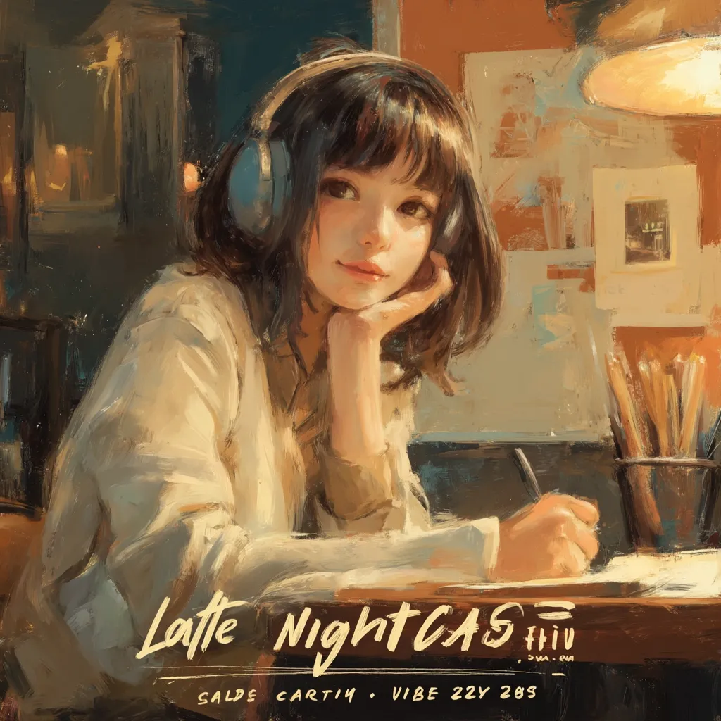 A painting depicts a young woman with short brown hair, wearing headphones and a cream-colored shirt.  She rests her chin on her hand, gazing pensively at something off-camera.  The setting appears to be an art studio, with paintbrushes visible in a container and artwork on the wall.  Warm lighting creates a cozy atmosphere. The image has a stylized, painterly feel, with text overlayed at the bottom reading "Latte NightGAS".