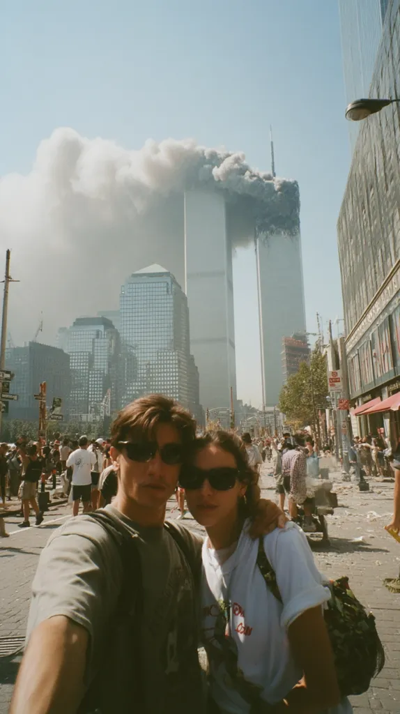A young couple takes a selfie amidst the chaos of 9/11 in New York City.  Smoke billows from the burning Twin Towers in the background, a stark contrast to the foreground where bystanders mill about. The couple's faces are partially obscured by sunglasses, their expressions serious yet determined.  The scene captures a moment of both personal intimacy and widespread catastrophe.