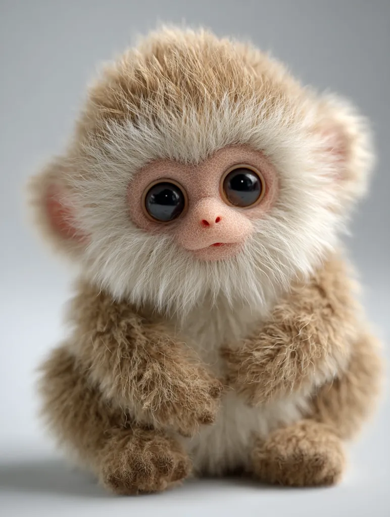 An adorable, fluffy baby monkey is depicted in a close-up shot. Its large, expressive eyes and soft, light brown fur are prominent features. The monkey is sitting with its paws tucked neatly in front of it, conveying a sense of innocence and warmth.  The overall image is soft and appealing, emphasizing the monkey's cuteness.