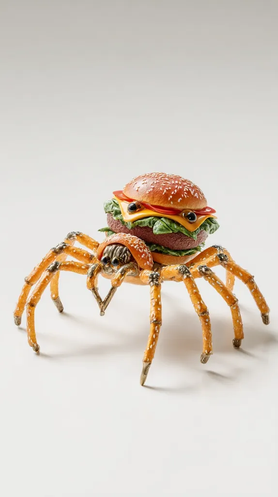 A bizarre creature, seemingly a spider with eight pretzel-like legs, carries a cheeseburger on its back.  The burger, complete with sesame seed bun, lettuce, tomato, and cheese, is meticulously crafted and sits atop the arachnid-like body. The image is set against a plain white background, highlighting the unusual juxtaposition of the food and the insect-like form.