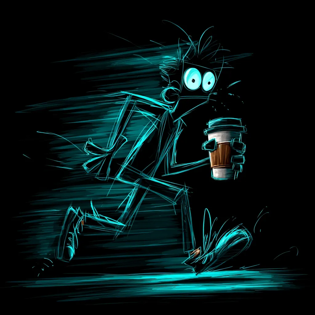 A stylized cartoon figure sprints across a dark background, a blur of teal motion lines trailing behind.  The figure, with large, wide eyes, holds a takeaway coffee cup.  The overall style is energetic and sketchy, suggesting speed and perhaps a hurried commute. The dark background enhances the vibrant teal of the figure, creating a striking contrast.