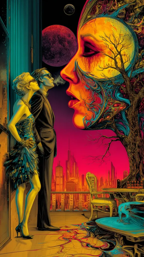 A vibrant, surreal artwork depicts a couple standing on a balcony overlooking a futuristic cityscape at sunset.  The woman in a shimmering dress stands beside a man in a suit.  To their right, a colossal, stylized female face merges with a tree, its form both organic and mechanical.  The colors are intense, with warm oranges and reds contrasting against cooler blues and greens.  Two planets are visible in the dark sky.  The scene is dreamlike and suggestive of a complex narrative.