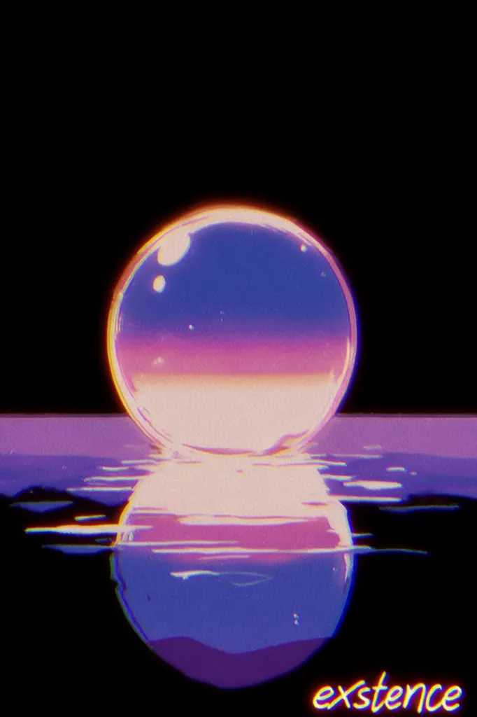 A vibrant, stylized image depicts a large, translucent sphere hovering above a calm body of water.  The sphere displays a gradient of purples, pinks, and oranges, reflecting in the water below. The overall aesthetic is reminiscent of retro anime or synthwave, with a slightly distorted, glitchy effect.  The word "extence" is subtly placed at the bottom, suggesting a theme of existence or reflection.