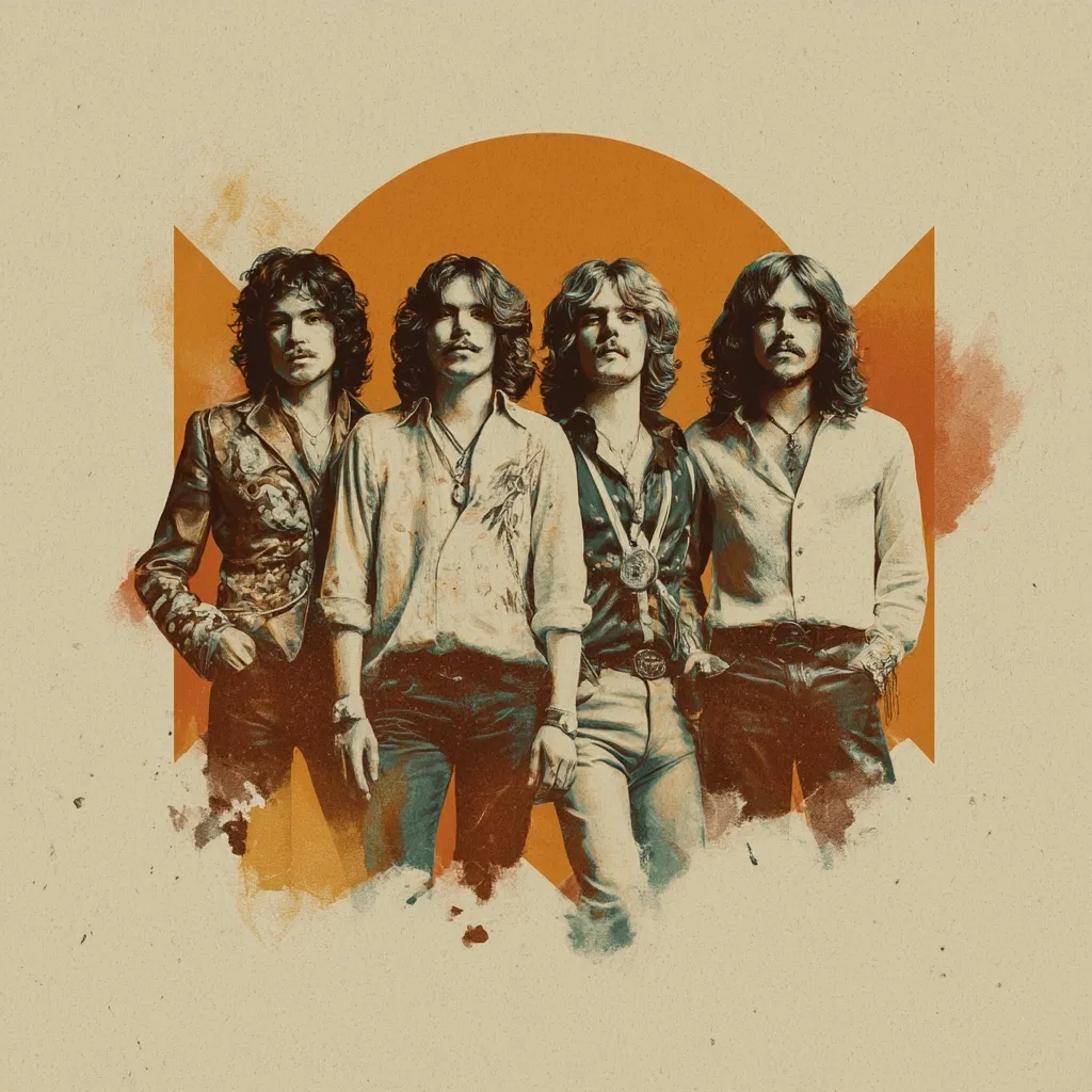 A stylized promotional image depicts four band members, positioned closely together.  Their attire suggests a 1970s rock band aesthetic: long hair, open shirts, and flared trousers.  A muted color palette and textured background contribute to a vintage feel, enhanced by a circular orange element behind the group. The overall style evokes nostalgia for classic rock music.