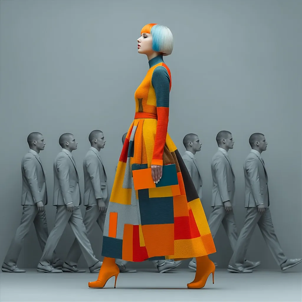 A fashion model with vibrant blue and orange hair strides confidently in a colorful, geometrically patterned dress.  She carries an orange clutch, her orange heels a sharp contrast to the muted grey suits of the identically dressed men walking in a line behind her. The image suggests individuality and standing out from the crowd.