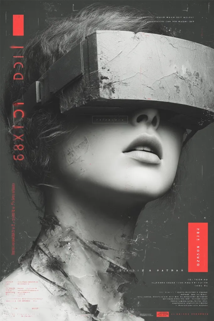 A monochromatic close-up captures a woman's face partially obscured by a weathered, futuristic VR headset.  The image is heavily textured, with a distressed, grunge aesthetic.  The woman's expression is serene, her lips slightly parted.  Red text elements overlay the image, suggesting a title or album art. The overall mood is dark, mysterious, and technologically advanced.
