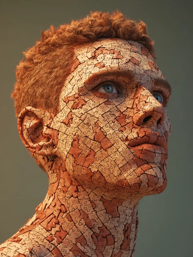 A digital rendering depicts a young man's head and neck composed entirely of interlocking jigsaw puzzle pieces.  His skin tone is a warm, reddish-brown, mirroring the color of the puzzle pieces.  His red hair is visible, adding to the lifelike quality despite the unusual texture.  The man's gaze is directed upward, conveying a contemplative or hopeful expression. The image suggests themes of identity, complexity, and the multifaceted nature of the human experience.