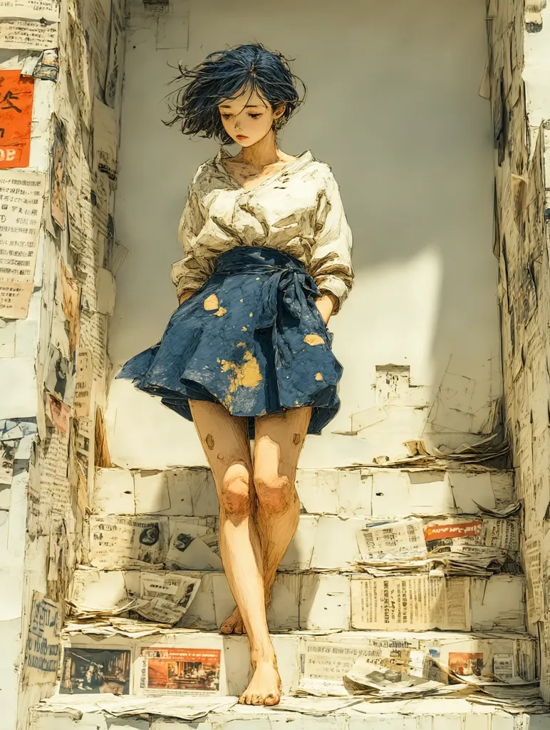 A young woman with short dark hair stands pensively on a staircase.  She wears a loose, off-white shirt and a blue skirt adorned with paint splatters.  The staircase is covered in crumpled newspapers and papers, creating a textured background.  The overall style is reminiscent of anime or manga, with a slightly melancholic mood.  The scene is bathed in soft, warm light, creating a serene yet slightly lonely atmosphere.