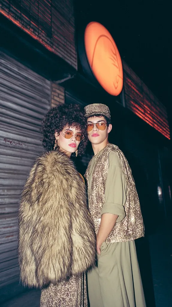 A stylish couple poses outside a dimly lit building at night. The woman wears a long, light brown faux fur coat over a leopard print dress and amber-tinted square sunglasses. Her companion, a man in a newsboy cap, sports a similar leopard print vest over an olive green long shirt and matching sunglasses.  The orange circular sign behind them adds to the retro vibe.