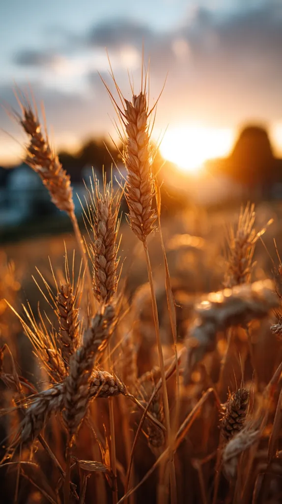 Golden wheat stalks stand tall in a field at sunset. The sun's rays illuminate the ripe grains, creating a warm, inviting glow.  The background is softly blurred, focusing attention on the detail of the wheat. The scene evokes feelings of harvest, abundance, and the beauty of nature.