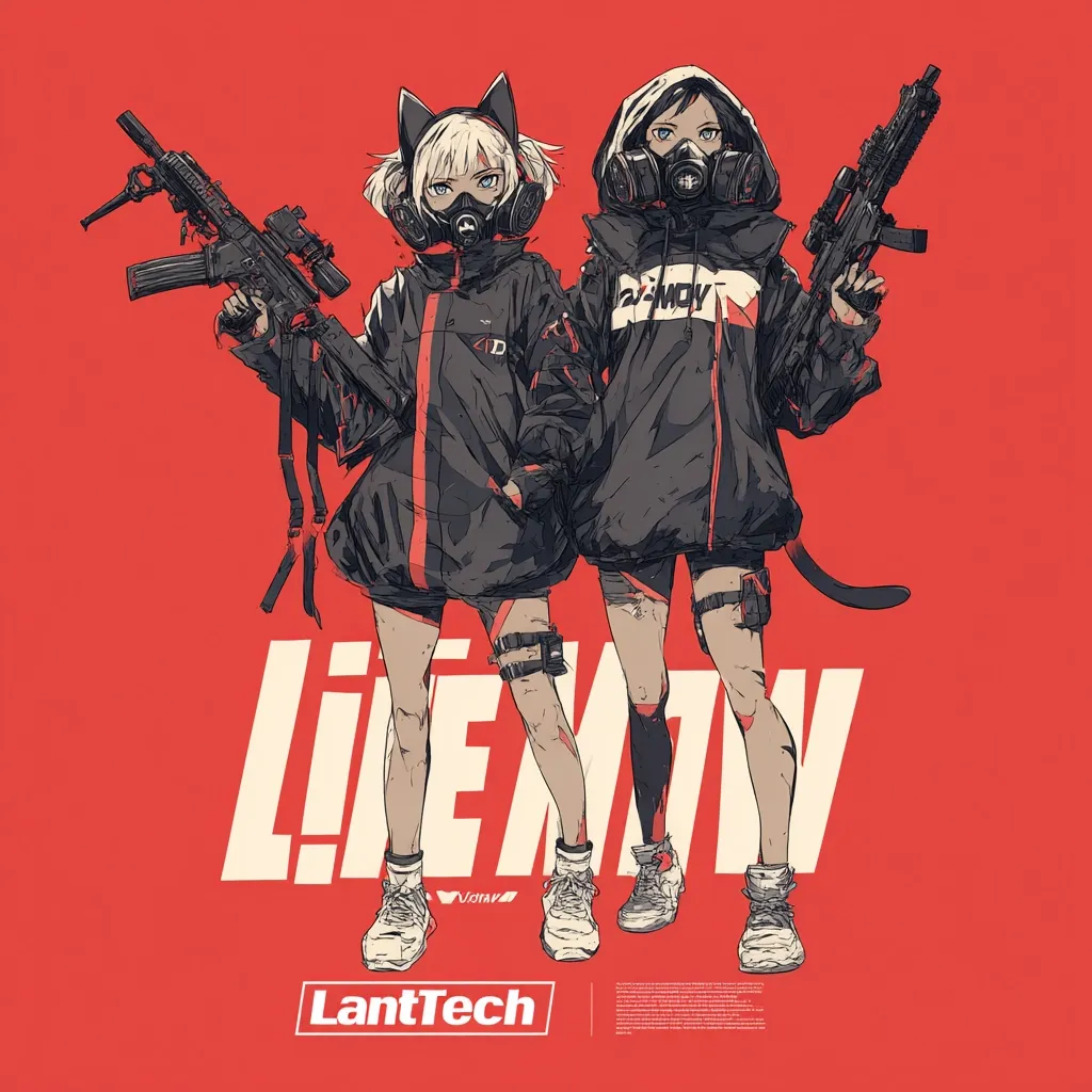 Two anime girls, styled in tactical gear, stand shoulder-to-shoulder against a vibrant red backdrop. Each girl wields a submachine gun and wears a gas mask, their attire a blend of black and red accents. Cat ears adorn one girl's head, adding a unique touch.  The word "L!FEMV" is prominently displayed, along with the "LantTech" logo at the bottom, suggesting a connection to a fictional technological brand.  The overall aesthetic is a blend of anime and cyberpunk styles.
