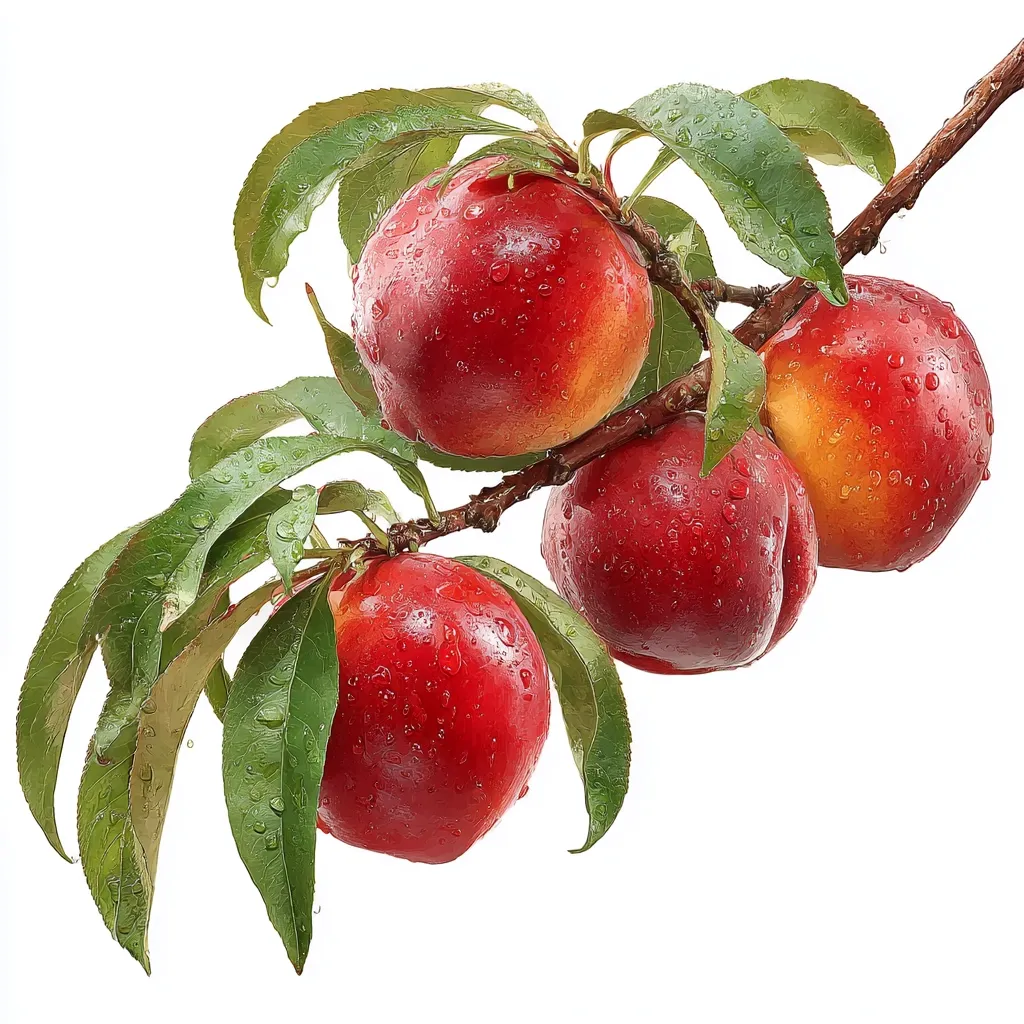 A branch laden with ripe nectarines, glistening with water droplets, is shown against a white background.  The vibrant red and yellow fruits are nestled amongst lush green leaves. The image is crisp and highlights the juicy appearance of the nectarines, suggesting freshness and ripeness.
