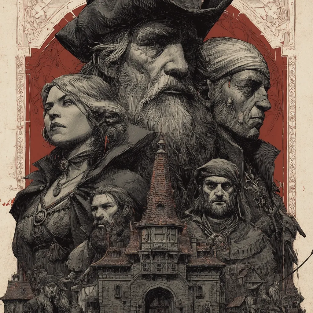 A dramatic, stylized artwork depicts a group of characters, possibly from a game or film, set against a dark, imposing gothic-style building.  A woman with dark hair and a crimson dress is prominent, flanked by older men with weathered faces.  One wears a pirate's hat, others bandanas. The overall style is reminiscent of etching or woodcut, with a dark, brooding atmosphere.