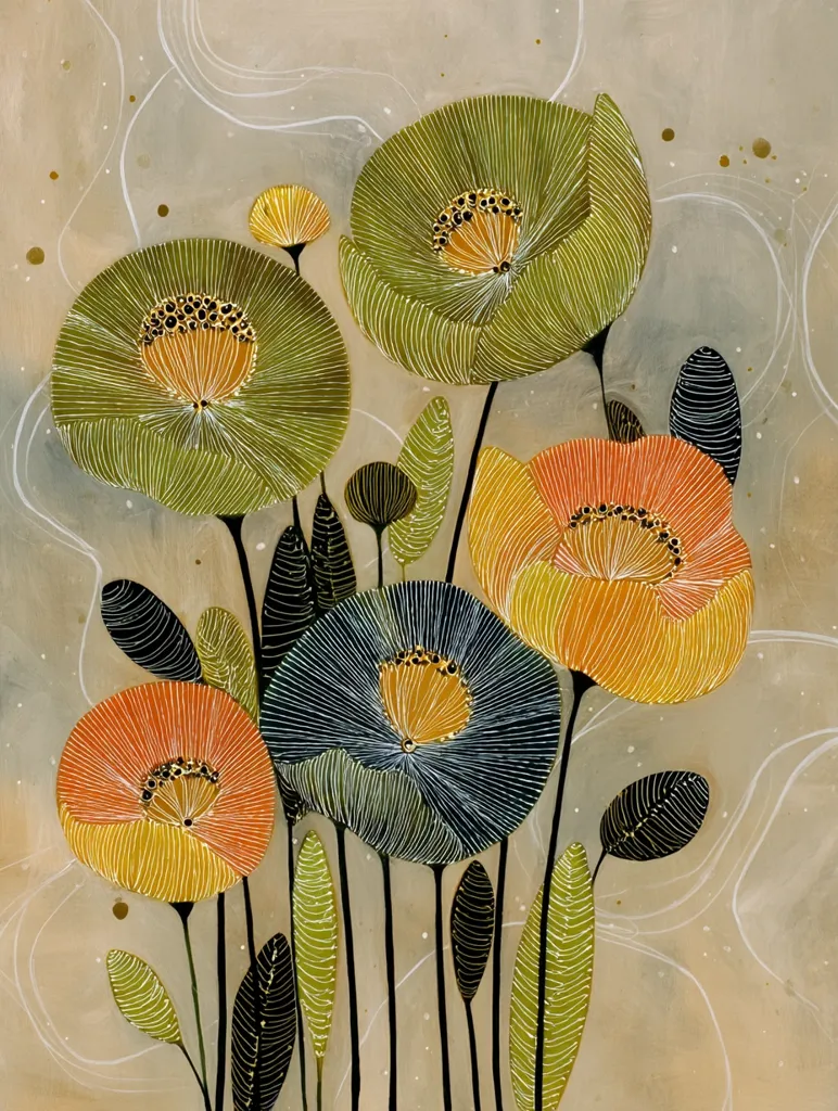 A stylized floral illustration features a cluster of large, textured blossoms in muted greens, oranges, and blues.  The flowers have intricate, linear details within their petals, creating a sense of depth and movement.  The stems are slender and dark, contrasting against a light beige background with subtle swirling patterns.  The overall style is modern and artistic, suggestive of a botanical print with an abstract twist.