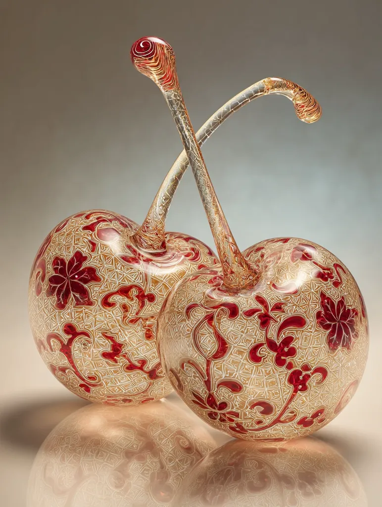 A pair of glass cherries artfully crafted and intricately detailed.  The stems are elegantly intertwined, and the cherry bodies feature a delicate, almost lace-like pattern in shades of red and gold. The translucent glass allows light to play across the ornate design, creating a visually stunning effect.  The cherries rest on a reflective surface, enhancing their lustrous beauty.