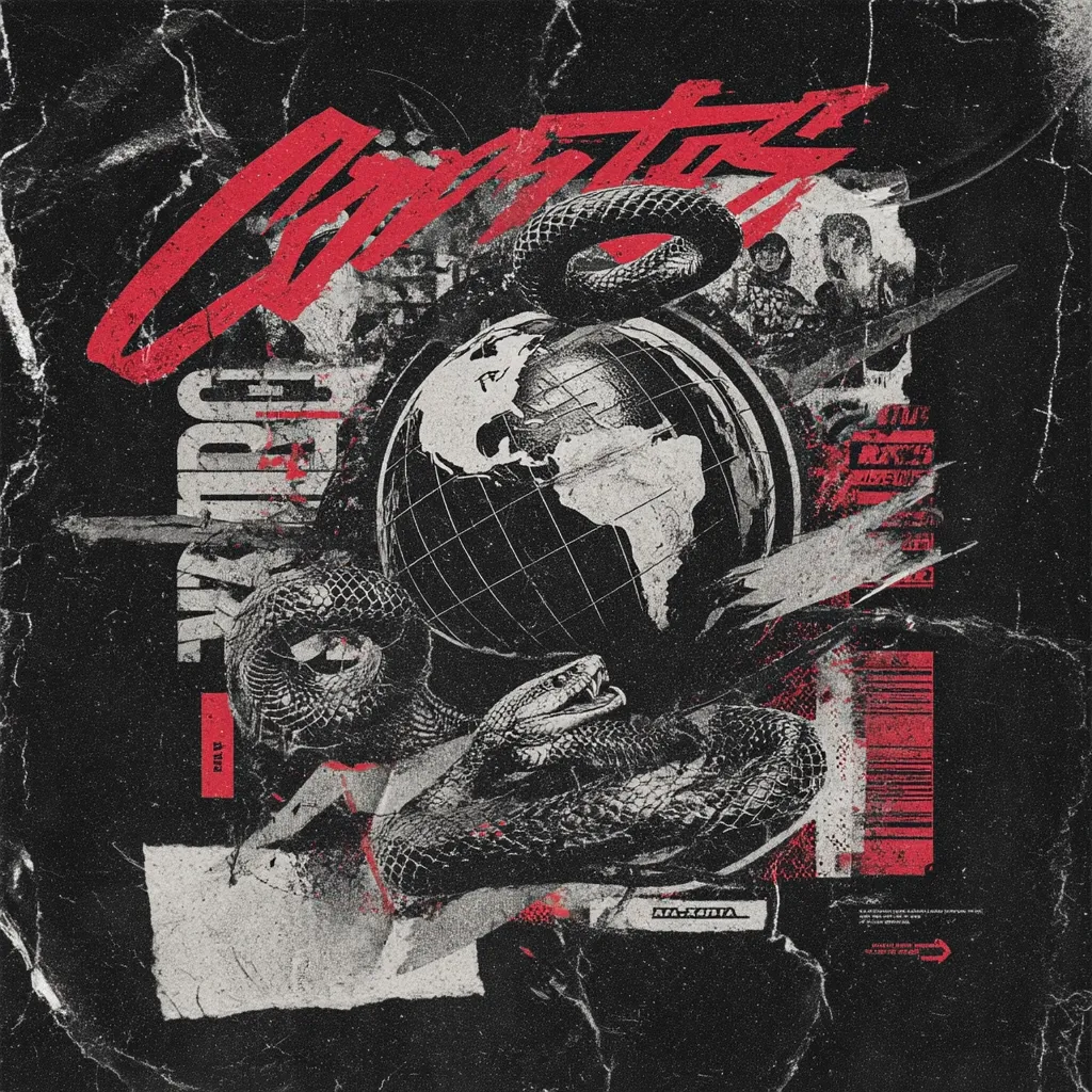 A grunge-style graphic design features a large, stylized word in red, possibly a title or band name.  A black snake wraps around a globe, creating a sense of global tension or control.  The background is textured with distressed elements and torn paper effects, incorporating barcode and other graphic elements in a collage style. The overall aesthetic is dark, edgy, and visually complex.