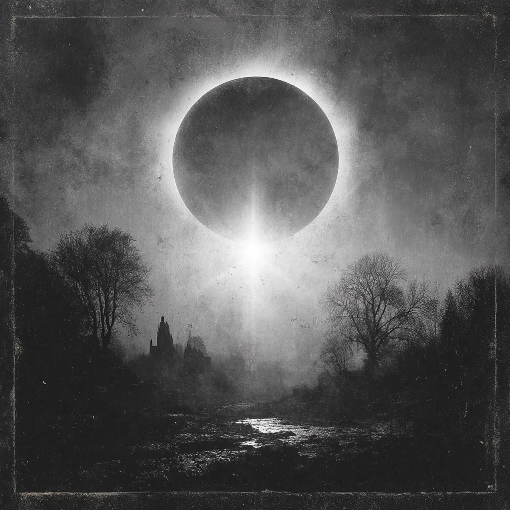 A monochrome image depicts a total solar eclipse dominating the sky above a desolate landscape.  Bare trees stand silhouetted against a hazy atmosphere, framing a distant, indistinct structure resembling a castle or ruin. A stream winds through the foreground, adding to the somber and mysterious mood evoked by the digitally manipulated, vintage-style photograph. The overall effect is one of eerie tranquility and foreboding.