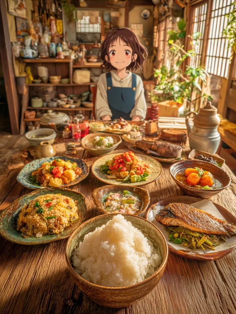 A young anime girl sits at a rustic wooden table laden with a delectable Japanese feast.  Numerous dishes surround a bowl of steamed rice, including stir-fried vegetables, fish, and what appears to be fried rice. The warm lighting and cozy setting of the traditional Japanese home create a heartwarming scene.  The overall image evokes feelings of comfort and family.